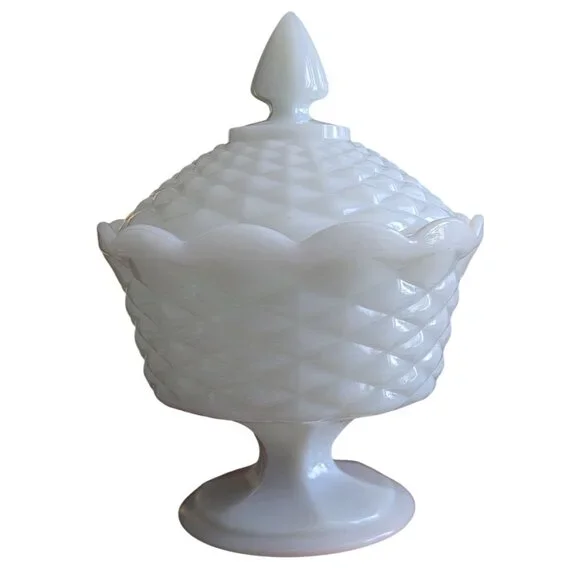 Vintage Milk Glass Pedestal Covered Candy Dish Basket Weave Design 10" Tall Coll - Picture 1 of 9